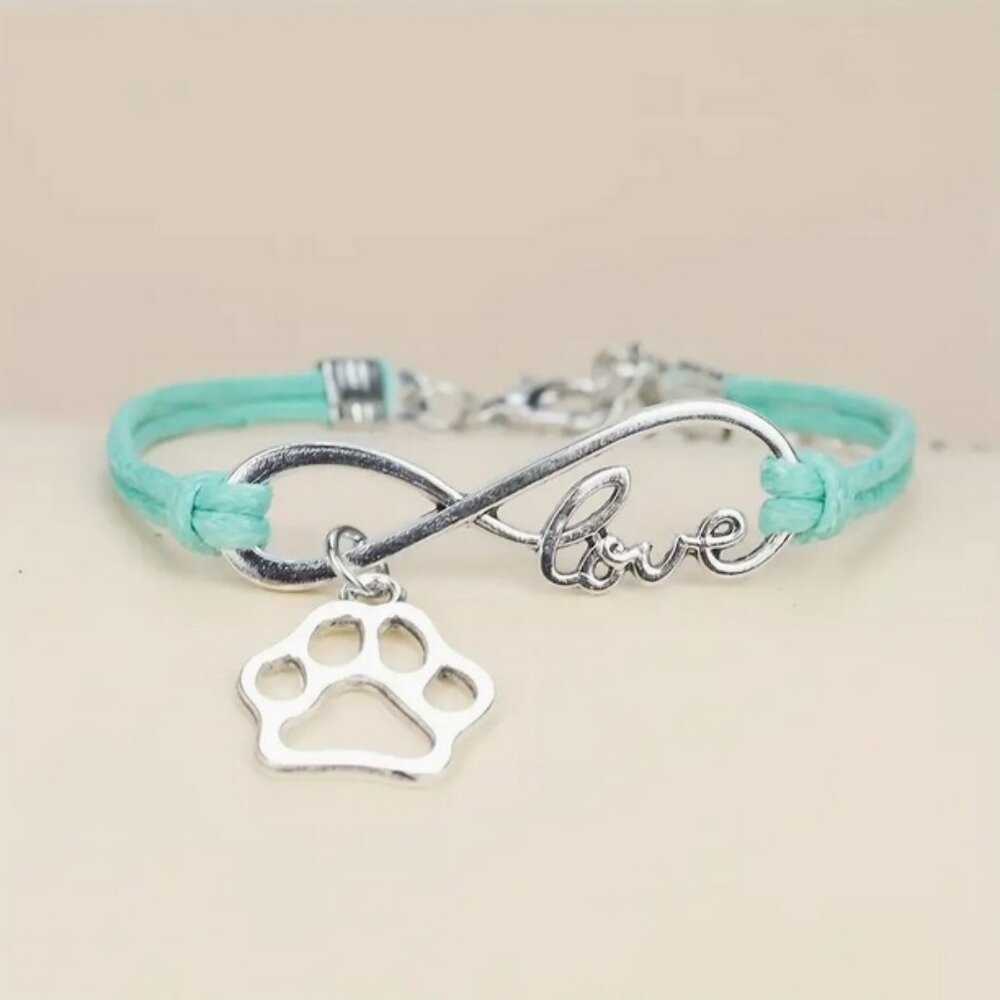 NWT Paw Dog Cat Animal Lover Love Heart Infinity Bracelet Blue Cord Silvery